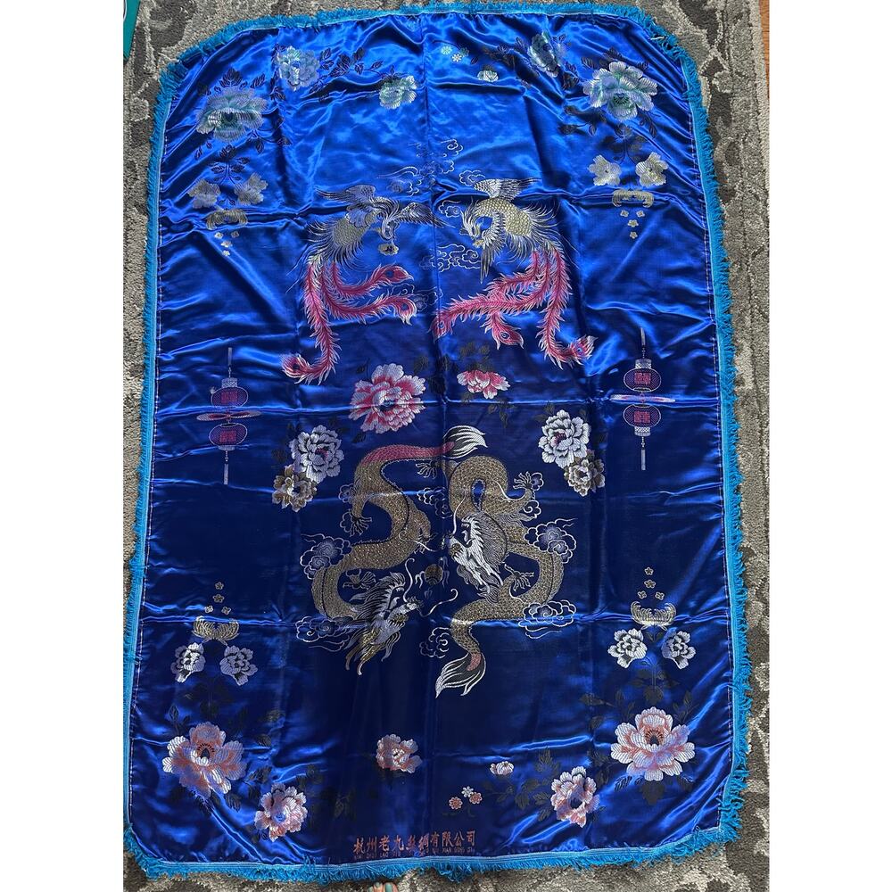 Chinese blue tablecloth fringed dragons silky peacocks  flowers Asian oriental